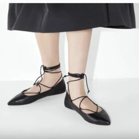 Zara Shoes - Zara black leather point toe ankle wrap ballet style embossed snake size 7.5
